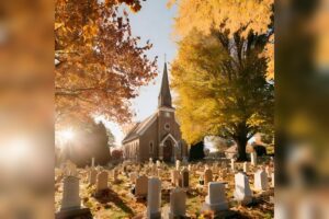 Herbstlicher Friedhof mit Kirche – Allerheiligen und Allerseelen
