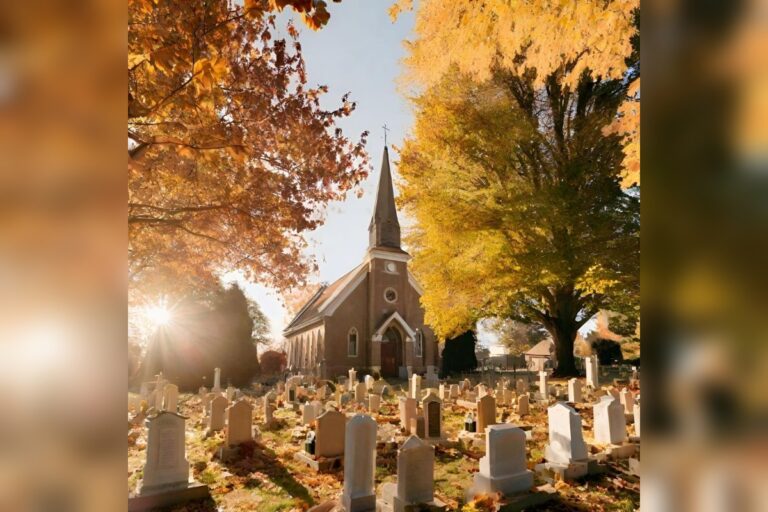 Herbstlicher Friedhof mit Kirche – Allerheiligen und Allerseelen