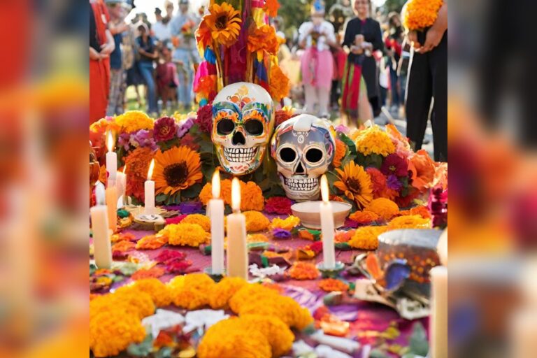 Día de los Muertos: bunter Altar (Ofrenda) mit Kerzen und Calaveras – Symbolfoto