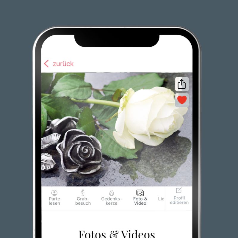 App-Screen: Digitale Parte, Gedenkkerze, Foto & Video – Stiller Begleiter