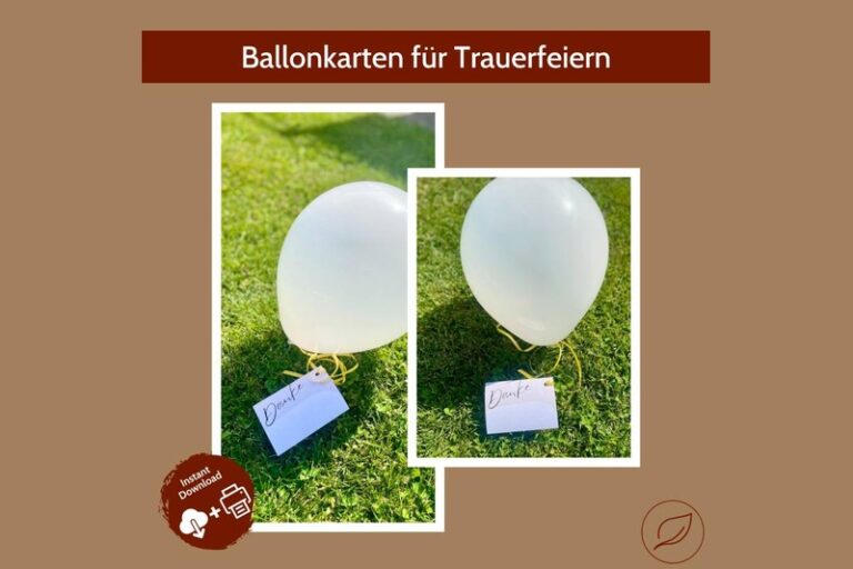 Ballonkarte für Trauerfeier – weiße Karte am Luftballon auf der Wiese