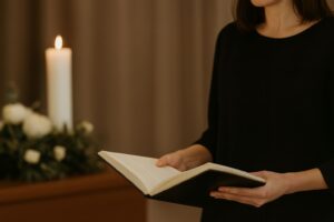 Trauerrednerin hält persönliche Trauerrede als Laudatio bei einer Verabschiedung - Oststeiermark, Österreich