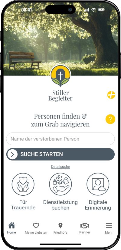 Startseite der Stiller Begleiter App auf einem Smartphone mit Grabsuche, Dienstleistungen für Trauernde und digitaler Erinnerung