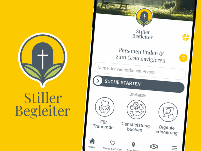 Stiller Begleiter App mit Friedhofsnavigation, digitalem Gedenken und Dienstleistungen für Trauernde auf einem Smartphone dargestellt