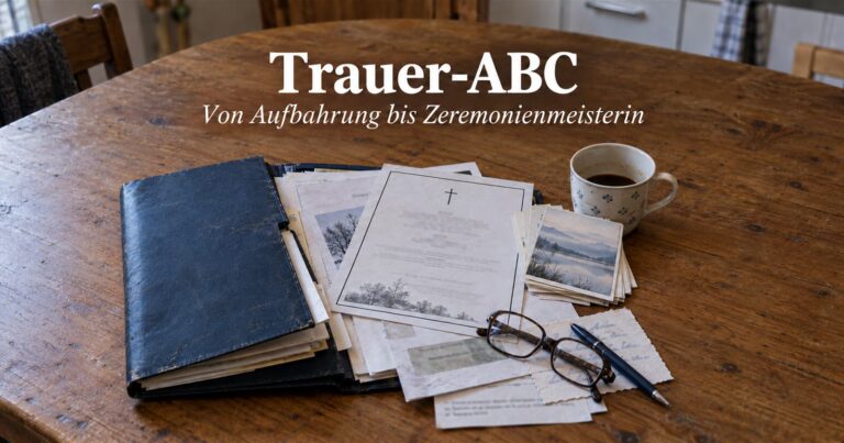 Dokumentenmappe, Partezettel, Andenkkärtchen, Lesebrille und Kaffee auf einem Küchentisch. Darüber steht „Trauer-ABC – Von Aufbahrung bis Zeremonienmeisterin“.